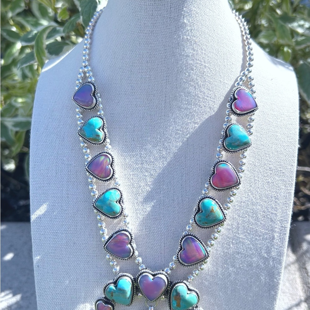 Sterling Silver Aurora Opal/ Turquoise Squash Blossom Heart Necklace